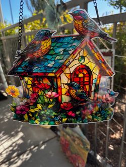 Stained Glass Style Birdhouse Suncatcher