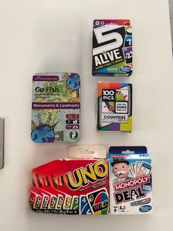 Uno card games, monopoly card game, 5 alive card game. Go fish monuments and landmarks card game, 100 pics countries card game, Great compact card gam