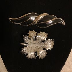 2 Silver Tone Brooches…leaf Brooch is By (Giovanni )…split Wings Is By (Napier)