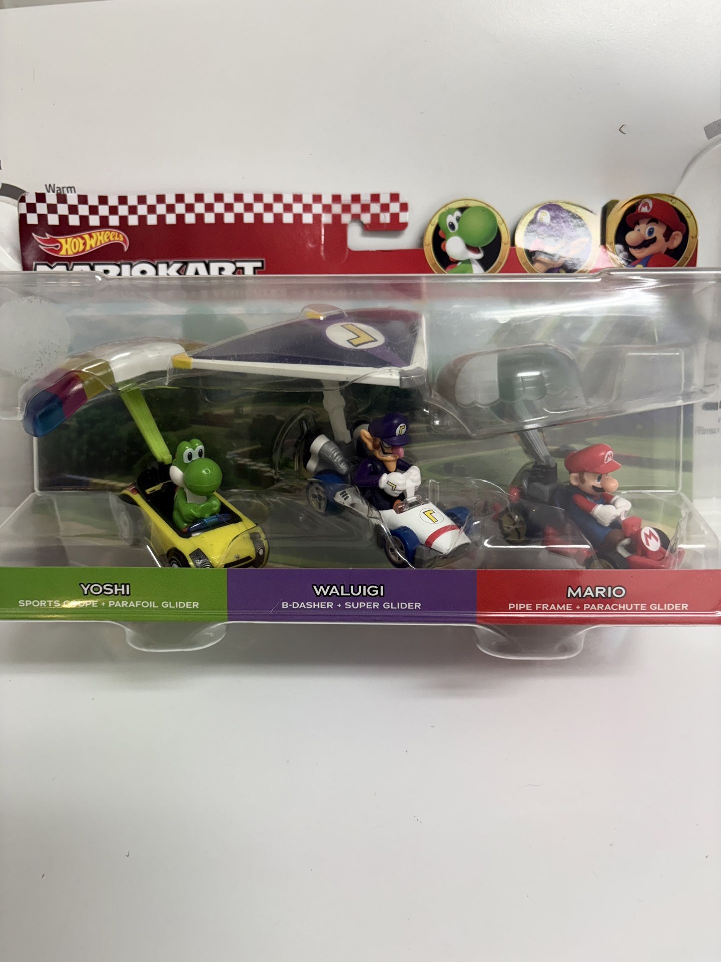Hot Wheels Mario Kart Character Car 3‑Pack — Yoshi, Waluigi & Mario (New Sealed)