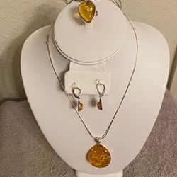 New, Price Firm, Sterling Silver Honey Baltic Amber Pendent, Earrings and Ring and Cuff