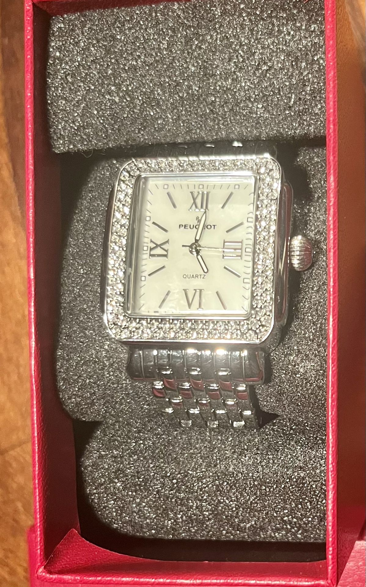 WOMEN'S PEUGEOT 36X30MM SILVER TANK BRACELET WATCH PANTHER LINK BRACELET