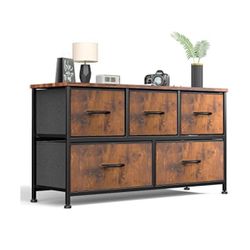 Sweetcrispy Dresser for Bedroom 5 Fabric Drawers Dresser Clothes Cabinet Storage Organizers and Wood Top Surface Table for TV, Chest of Drawers for Be