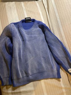 KOCHÉ Blue & White Ribbed Knit Crewneck Sweater