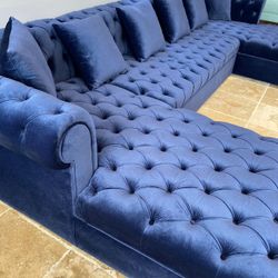 Lauren Velvet Blue Navy Double Chaise Sectional & Couch Sofa 