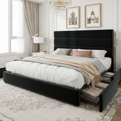 Queen Size Storage Platform Bed Frame with 4 Drawers & Upholstered Velvet Slat Headboard, Black