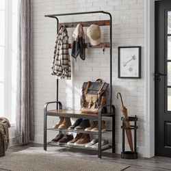 Coat Rack, Hall Tree with Shoe Bench for Entryway, Industrial Accent Furniture with Steel Frame, 3-in-1 Design, Easy Assembly, Rustic Brown and Black