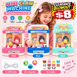 Mini Claw Machine for Kids, Arcade Grabber Toy with 16 Plush Dolls, 20 Capsules & USB Cable