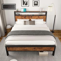 Modern Industrial Queen Bed Frame w/ Built-In Charging (USB/Outlet) – Excellent Condition