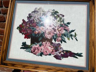 Vintage Large Finished Crewel Embroidery Art – Framed Pink Peonies & Lilacs Floral Bouquet