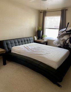 Queen Black leather Sleigh Modern Bed frame