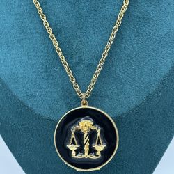 Zodiac Gold Tone Black Enamel Locket Necklace 24” Long Good Condition 