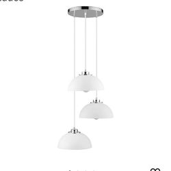 8628: New 3-Light Cascading Pendant Light, Chrome Accents, White Shades
