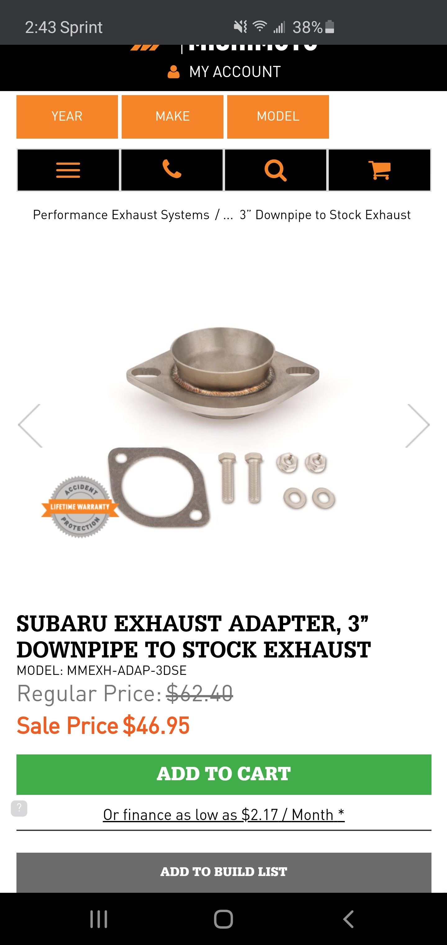 MISHIMOTO SUBARU EXHAUST ADAPTER, 3” DOWNPIPE TO STOCK EXHAUST