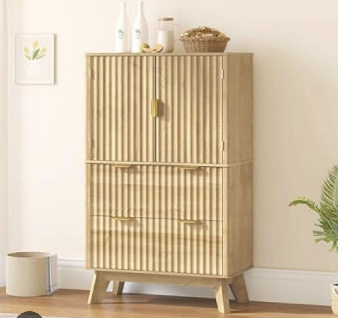 45.5" Fluted Storage Cabinet Adjustable Shelves, Freestanding Sideboard Buffet Bathroom Cabinets with 2 Doors and 2 Drawers,Wood Floor Cabinet for Liv