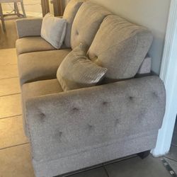 Modern Beige Loveseat Couch + 2 Glass Top Accent Tables Set