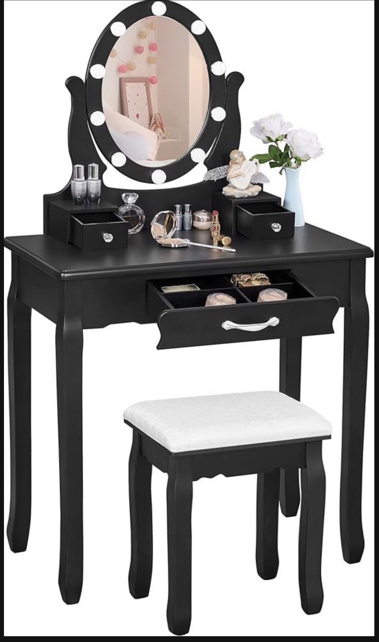 ANWBROAD Makeup Vanity Desk Vanity Set with LED Lighted Mirror Makeup Table Set 10 LED Dimmable Bulbs Cushioned Stool 3 Drawers 3 Dividers for Bedroom