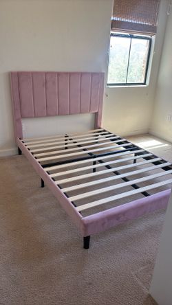 Pink Velvet Full Bed Frame – Modern Upholstered Headboard