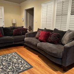 Smoke Grey Couches with Back Cushion and Throw Pillows (Good Condition)