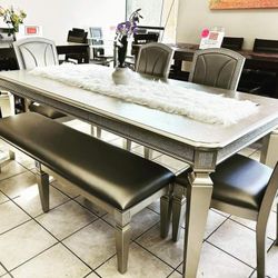 Klina Silver Dining Room Set Dining Table 4 Chairs and Bench 