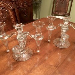 1948 VINTAGE-CAMBRIDGE ARMS IMPERIAL GLASS CO. CRYSTAL GLASS 3-ARM CANDELABRA AND TWO VASES.     Set of two candelabras… one in perfect condition and 