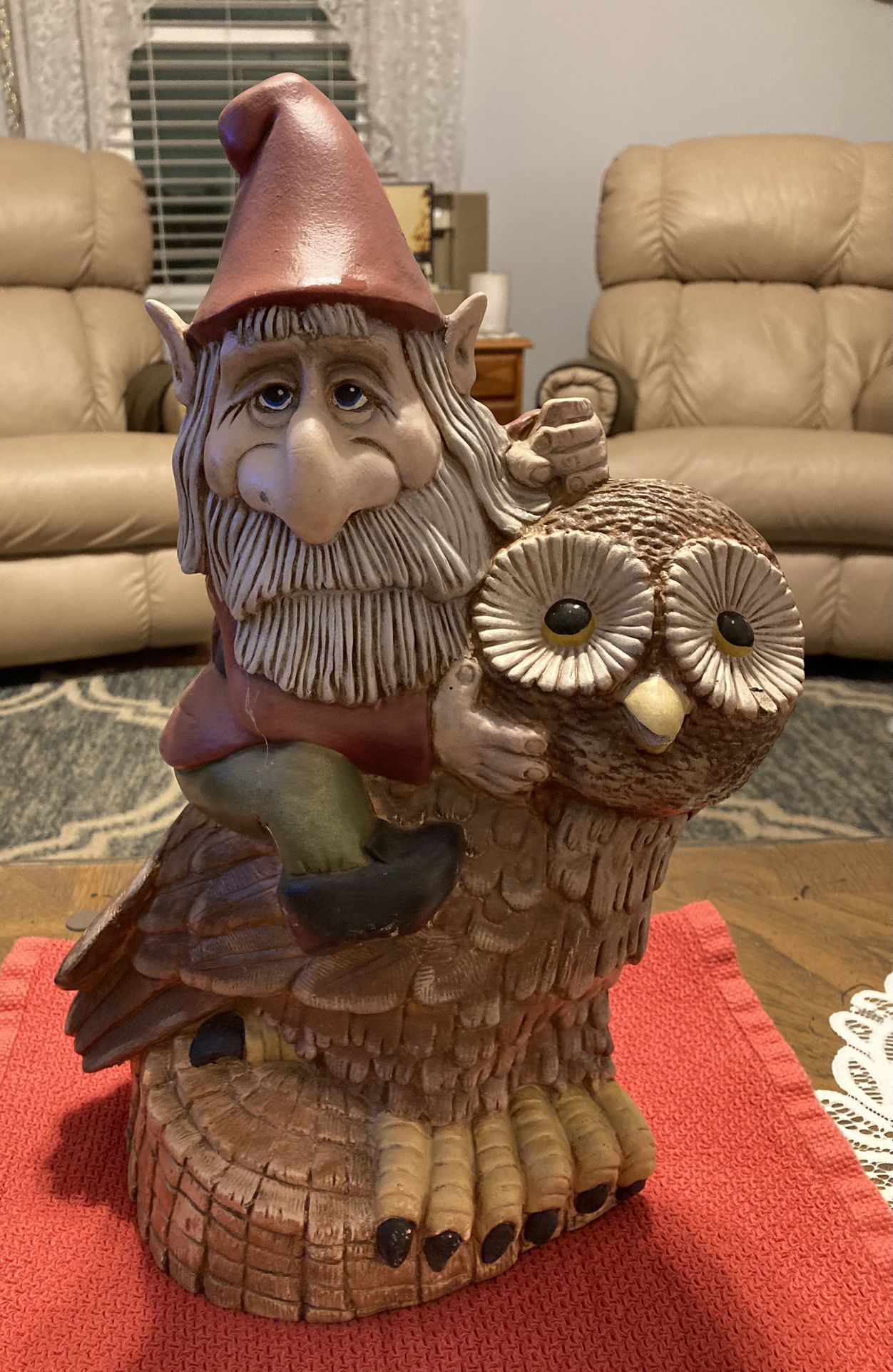 Garden Gnome on Owl 16" x 10" Ceramic Regular $80.99 Excellent condition 