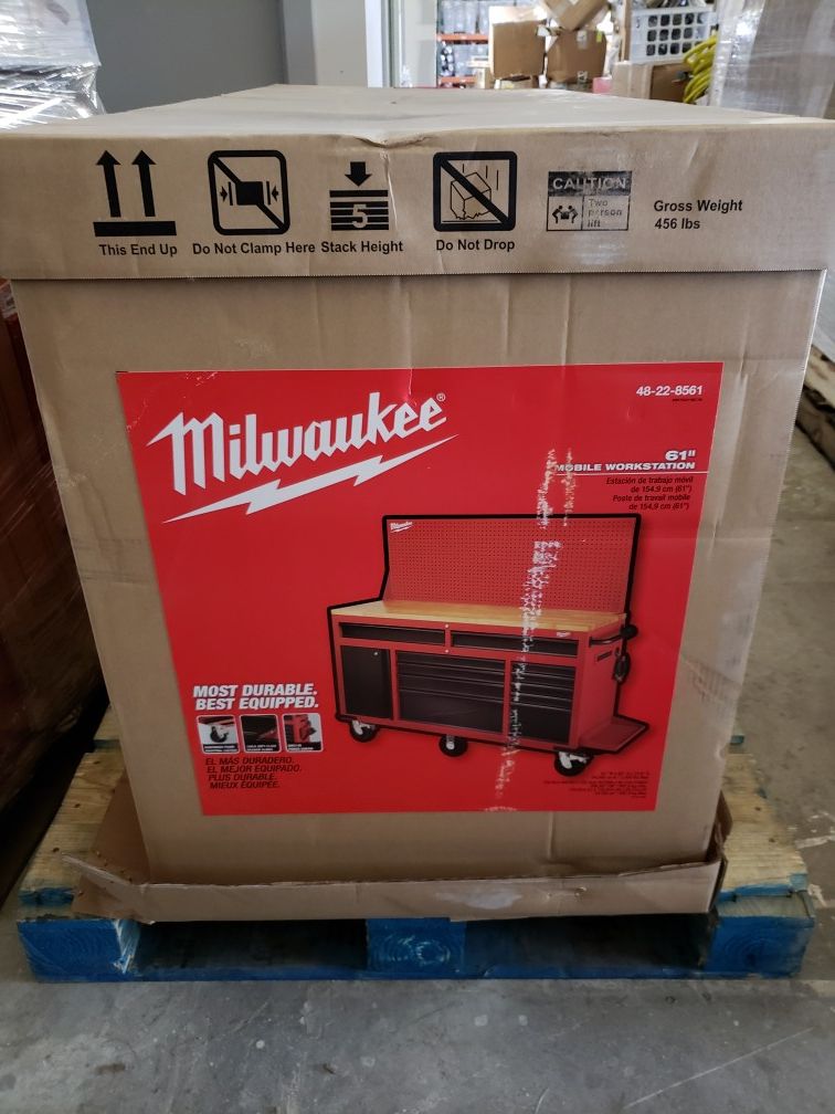 Milwaukee 61" Mobile Workstation with solid wood top, Pegboard, multiple drawers, A/C plug access, locking wheels