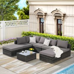 8 Pieces Outdoor Patio Sectional Sofa Couch,Wicker Furniture Conversation Sets with Washable Cushions & Glass Coffee Table for Garden, Poolside, Backy