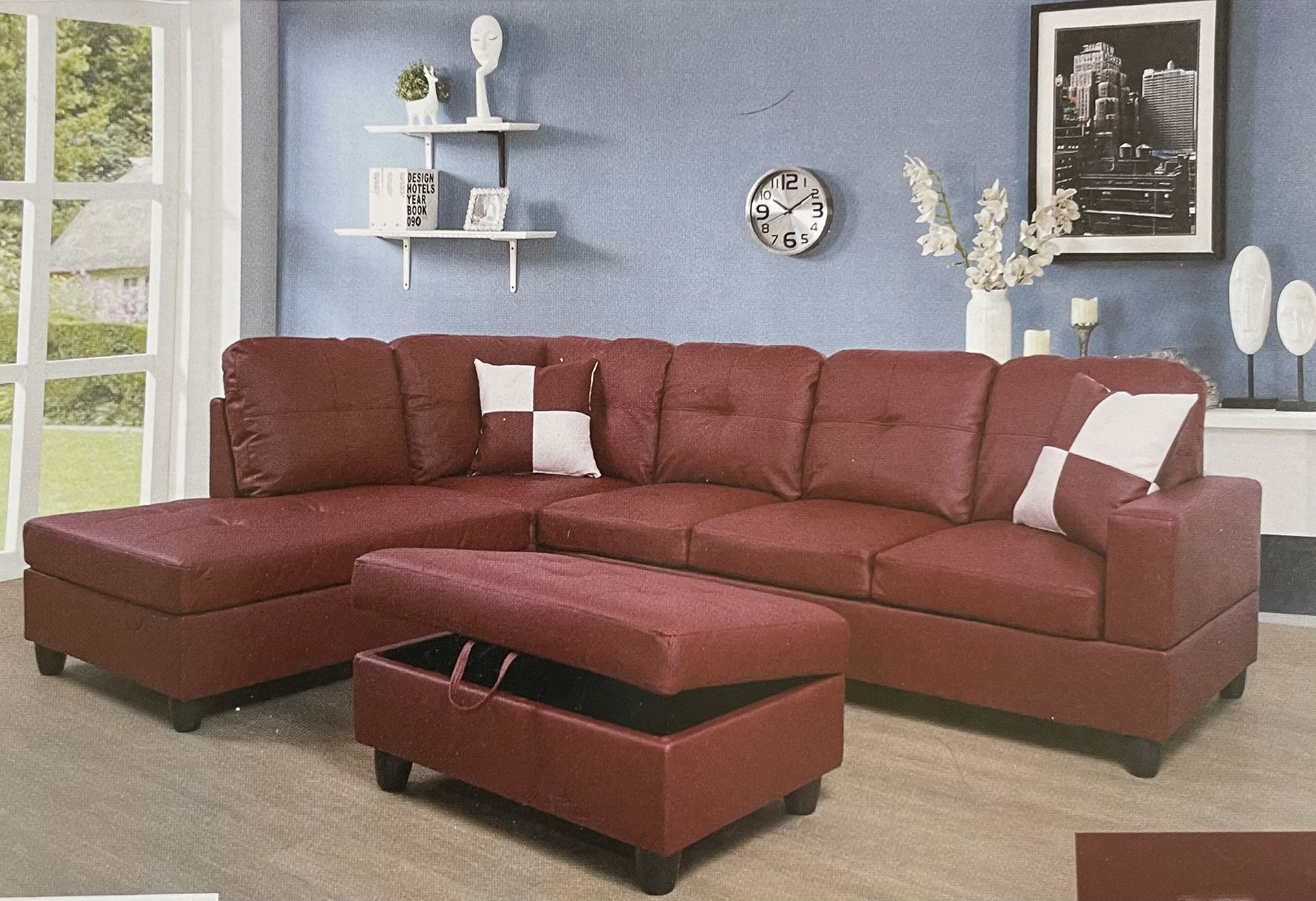 Red Leather Sectional Couch And Ottoman