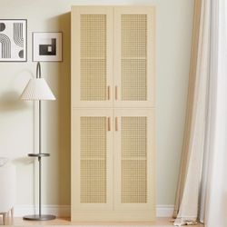 Kitchen Pantry Cabinet, 71" Tall Rattan Doors Storage Cabinet and Adjustable Shelves, Modern Farmhouse Wood Cupboard Utility Hutch for Kitchen, Dining