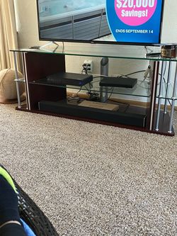 Glass and Wood TV Stand with Metal Posts