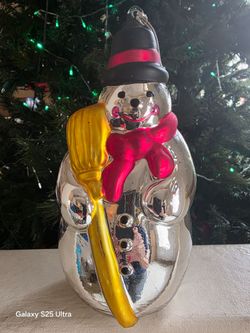 9 " Mercury Glass Silver Snowman Ornament with Red Scarf and Yellow Broom