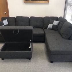 Charcoal Linen Sectional Couch And Ottoman