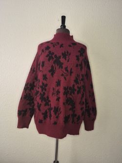 Liz Claiborne Womens XL Burgundy Black Print Mock Neck Knit Pullover Sweater