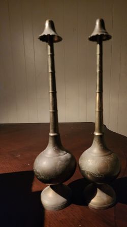 Vintage Indian Brass Rosewater Sprinkler Pair - Matching Hand-Engraved Gulabdanis