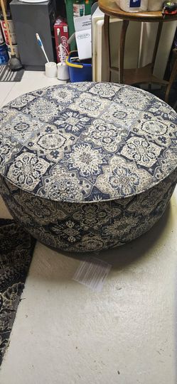 Large Blue and beige round ottoman
