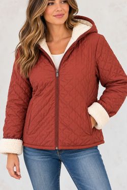 Ashley by 26 International XL Rust Red Quilted Sherpa Lined Hooded Puffer Coat