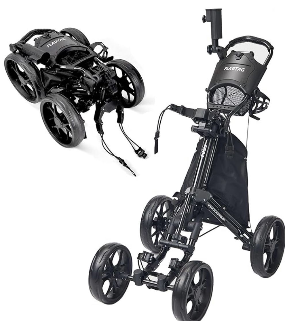 FlagTag Golf Push Cart 4-Wheels,Folding Golf Cart, with Cup Holder,Umbrella Holder,Cooler Bag, Foldable with one-Clic And Handle Height Adjustable