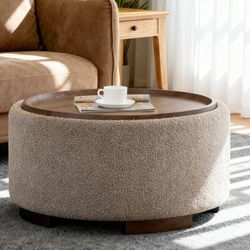 E931 $80  29.5 Inch Round Storage Ottoman Coffee Table,Modern Circle Coffee Table with Storage with Removable Lid Top and Solid Wood Legs,Large Round 