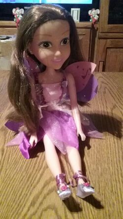 Fairy doll beautiful brown hair purple and pink dress purple wings 20 inches long by 5 inches wide