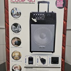 NEW DJ Tech ICube 90 Wireless Portable PA System Ipod, AUX, MIC Handle & Wheels 