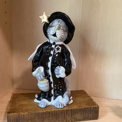 Blue Sky Clayworks Ceramic Halloween Cat in Witch Costume Tea Light Candle Holder 9"