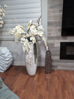 Tall White Floor Vase with Faux Orchid Arrangement