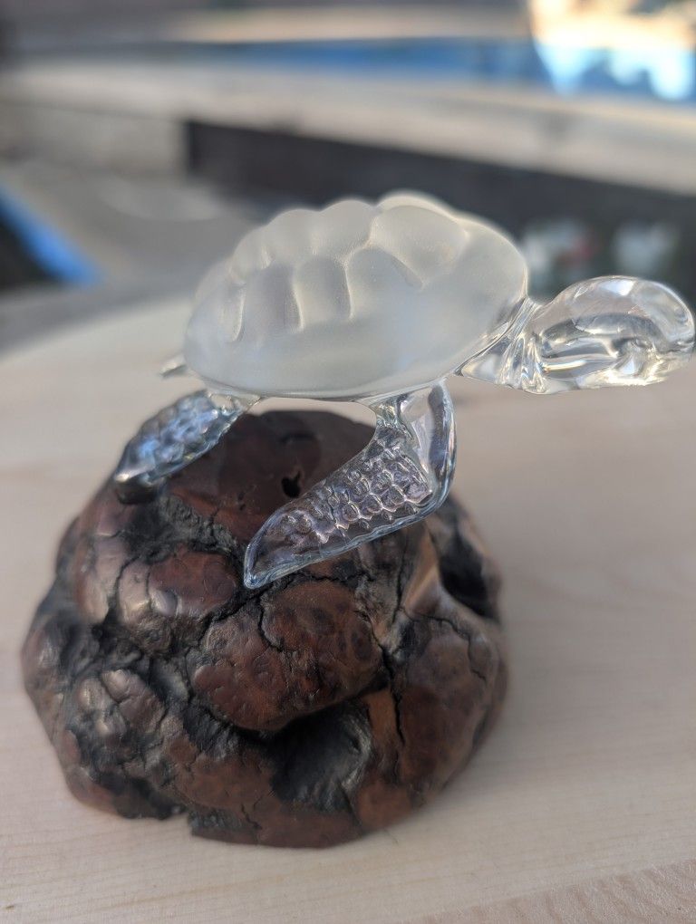 Green Sea Turtle figurine w/wood stand handmade blown Glass