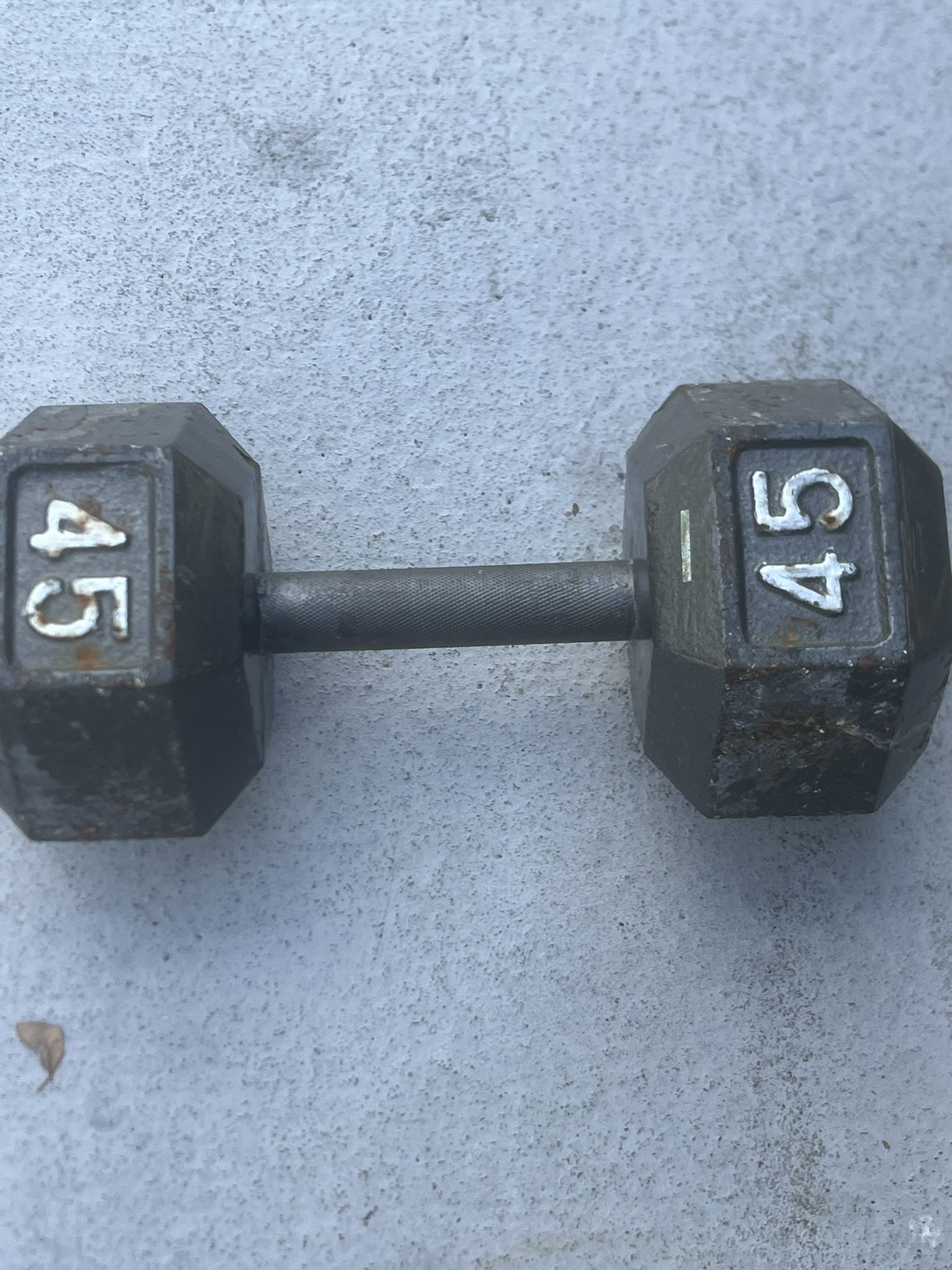 Gray Hex Cast Iron Used 45 Lbs 45 Lb Single Dumbell Cosmetic Blemishes such as uff marks, peeling, and some rusting 