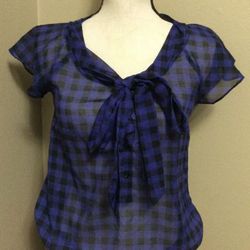 DIVIDED H&M Sheer Blue Plaid Blouse Top Ruffle Cap Sleeves Tie Neck size 2
