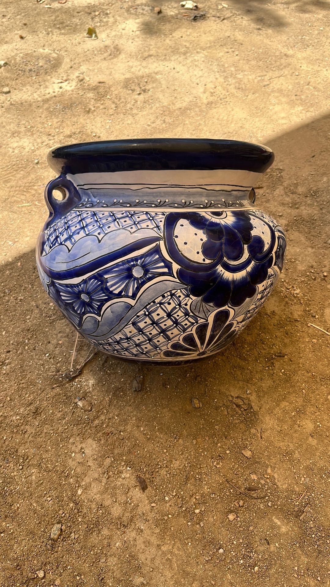 10” Blue & White Talavera-Style Ceramic Pot – Hand-Painted