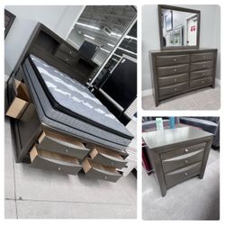 Queen Storage Bed In Grey Color With 8 Drawers, Dresser Mirror And 1n/s