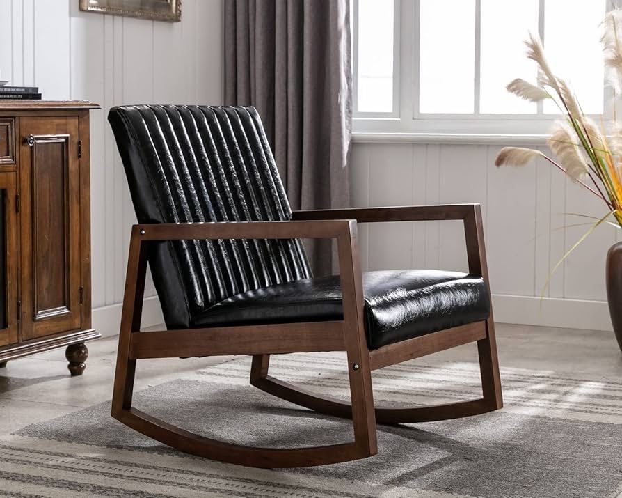 Leather Modern Rocking Chair Mid Century Armchair Upholstered Arm Chair with Padded Seat/Wood Frame, Comfy Rocker for Living Room/Bedroom, Retro Black