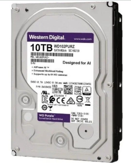 WD Purple 10TB 7200RPM 256MB HDD Cache SATA 3.5" MEDIA Hard Drive WD102PURZ 